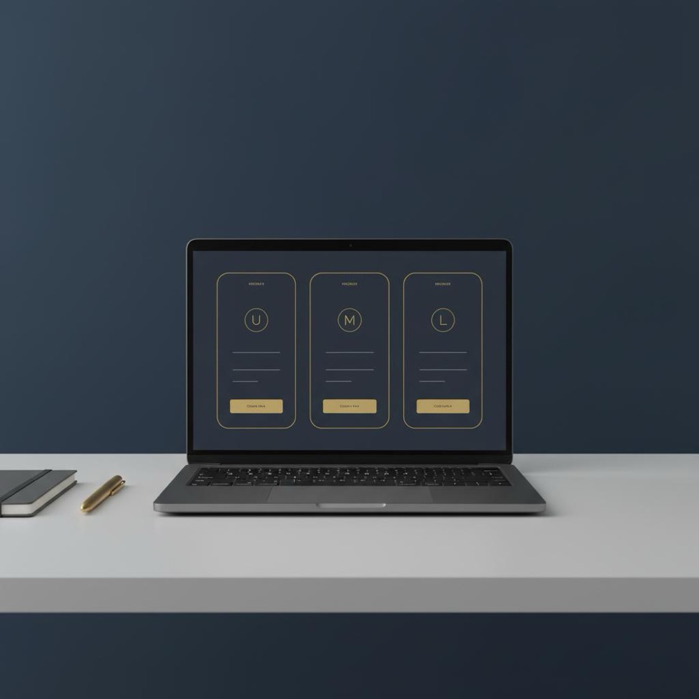 Minimalist product shot of a laptop displaying a clean pricing comparison UI highlighting Moz pricing with gold accents on a deep navy background