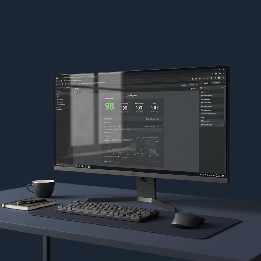 Close-up of a developer monitor displaying Chrome DevTools and Lighthouse metrics in a minimalist navy workspace with subtle #C8A45D accents, SEO developer-focused, no faces visible