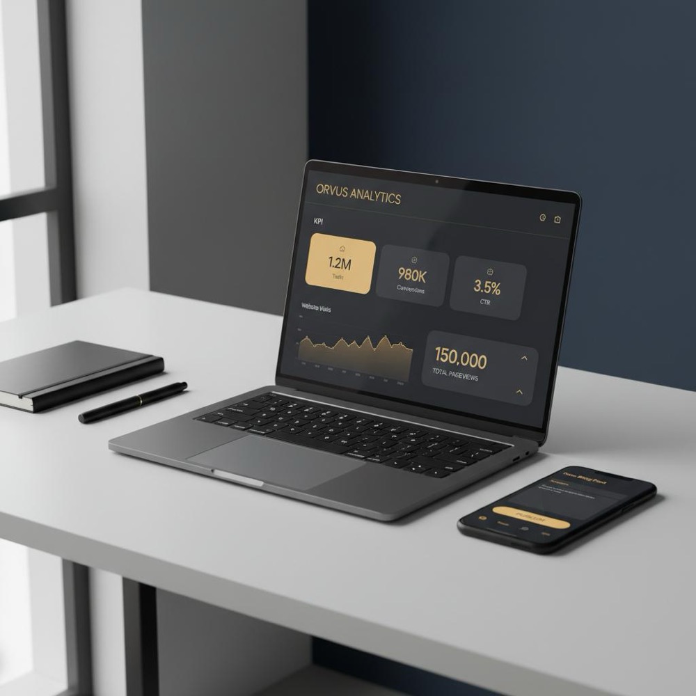 Laptop and smartphone on tidy desk showing simplified analytics and content editor screens for a DIY SEO guide, minimalist workspace with Orvus Ltd. brand colors.