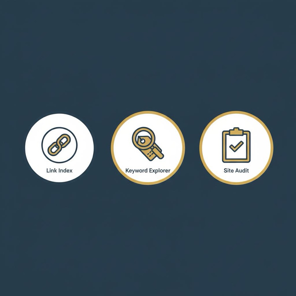 Minimal 2D vector infographic with three circular icons (Link Index, Keyword Explorer, Site Audit) on dark blue background - ahrefs review