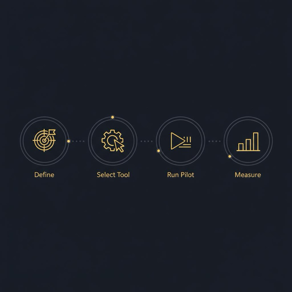 Minimal 2D vector infographic showing a 4-step 4-8 week pilot process for AI tools for small businesses: define, select tool, run pilot, measure using Orvus Ltd. brand colors.
