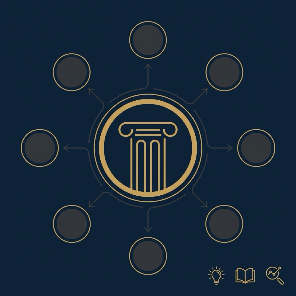 Minimal 2D vector infographic showing a central pillar page connected to multiple long tail cluster nodes with arrows in Orvus Ltd brand colors longtail seo