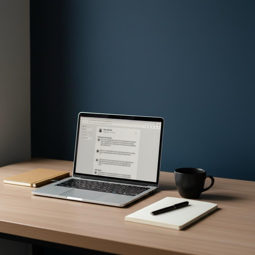 Minimalist workspace with laptop showing a blog draft, notebook and coffee cup, subtle Orvus Ltd. accents in #C8A45D and #2E3237 - what is a blog writer