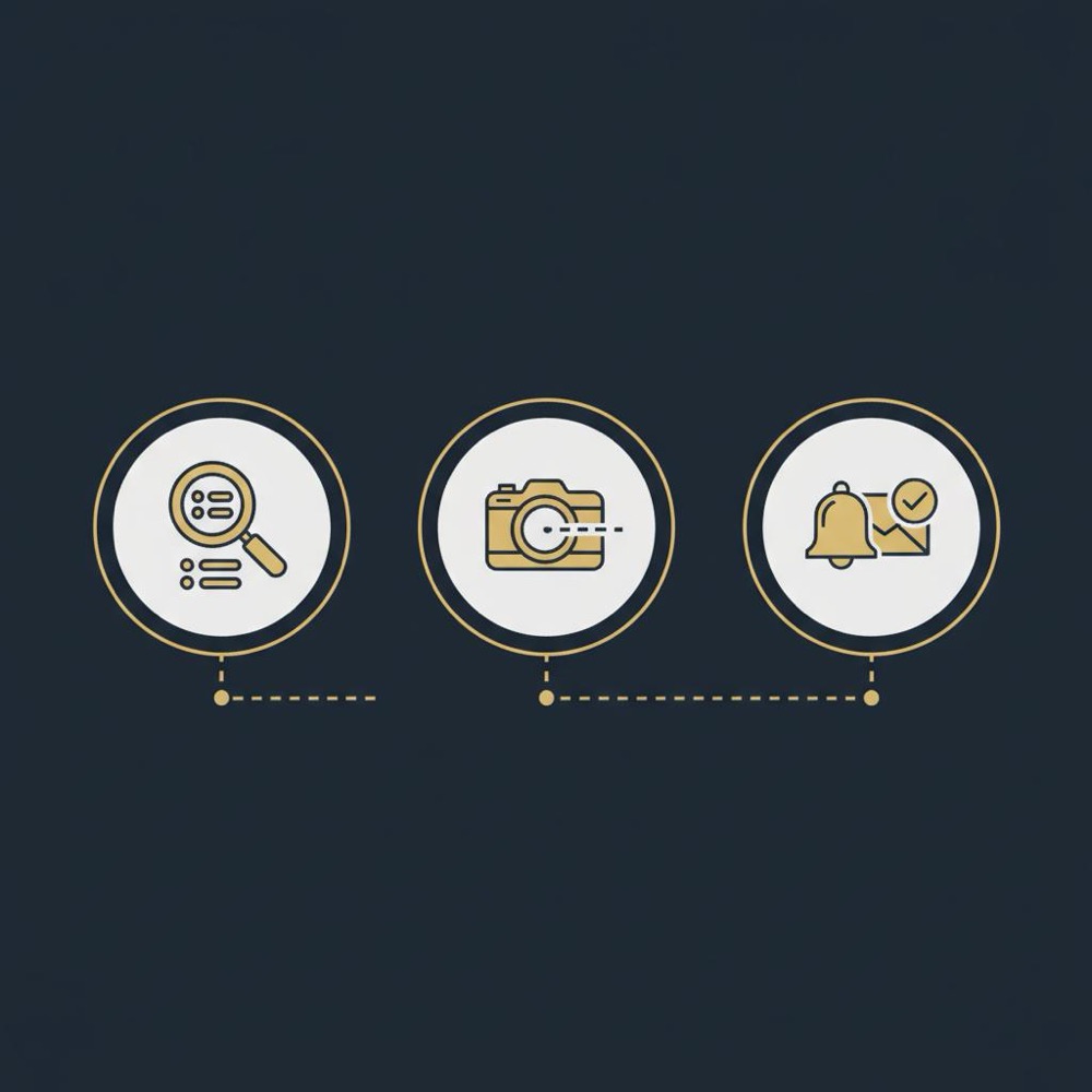 Minimal 2D vector infographic on dark navy background showing a 3-step trust checklist with icons (inspect early magnifier, photo-trace camera, customer update notification) in Orvus Ltd brand colors - alternatives to PageRank