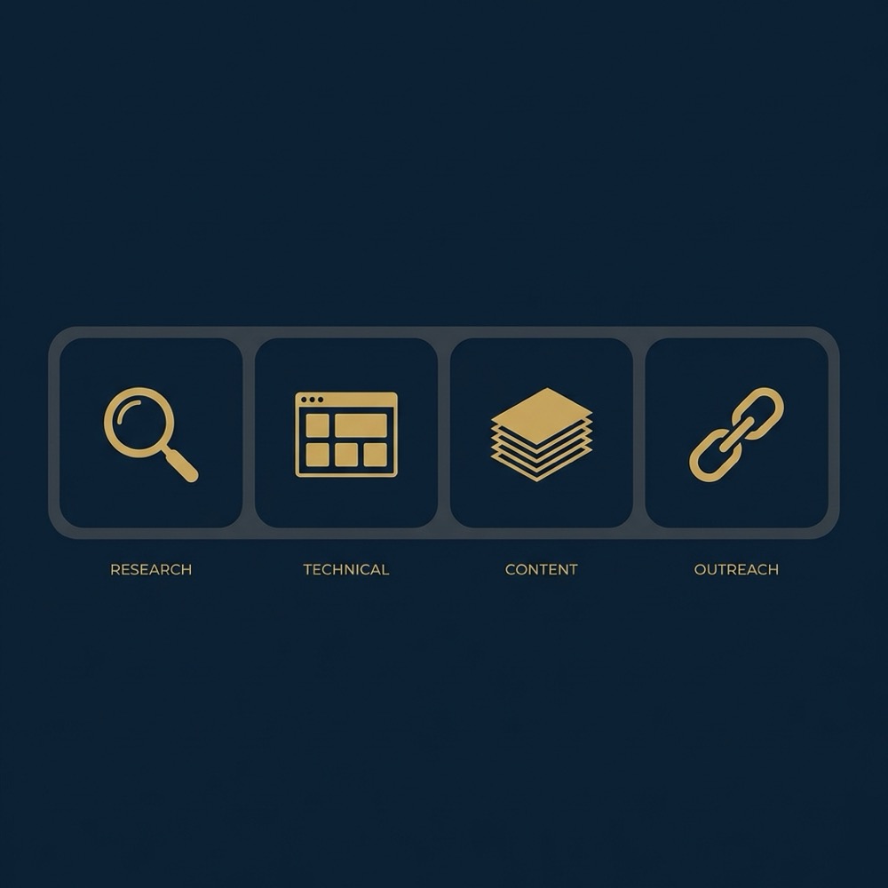 Minimal 2D vector 30 day action plan infographic for basic search engine optimization split into four weekly icon panels on dark navy Orvus Ltd style background
