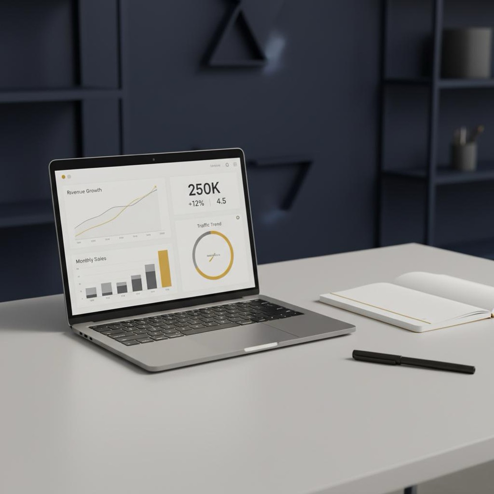 Tidy modern workstation with laptop displaying analytics charts and notepad, illustrating how long does it take to see SEO results