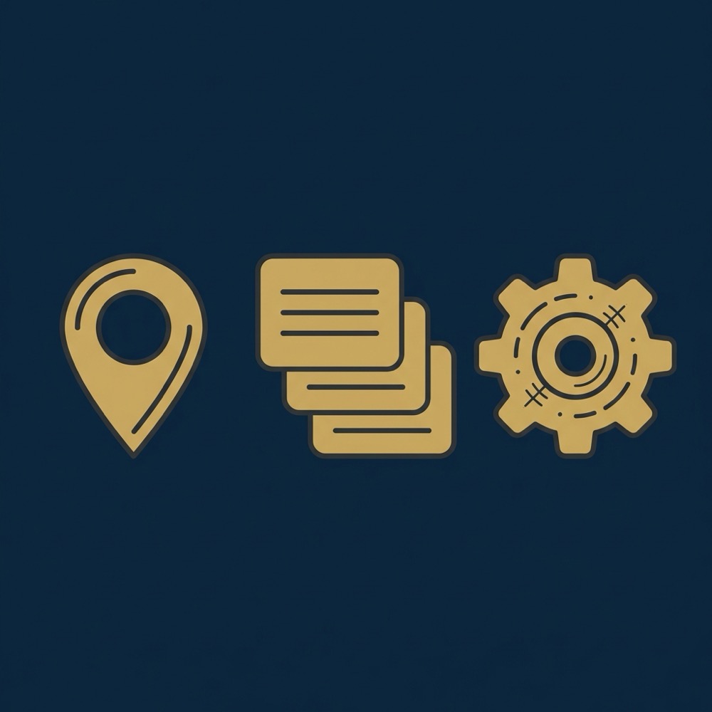 Minimal 2D vector infographic with three icons for locations listings and automation on deep blue background using Orvus Ltd brand colors for local search engine optimization