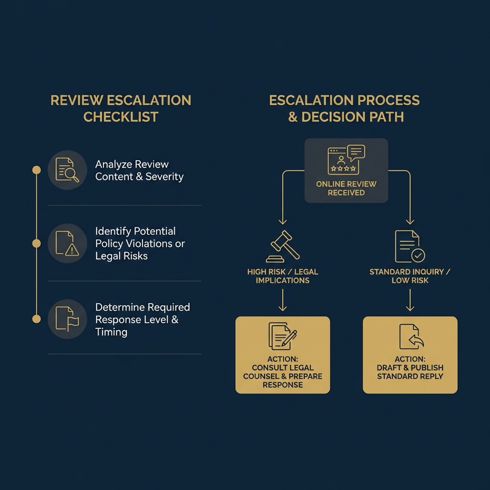 Minimal 2D vector infographic checklist and decision tree for bad Google review escalation with icons for online review documentation and legal counsel in Orvus Ltd brand colors