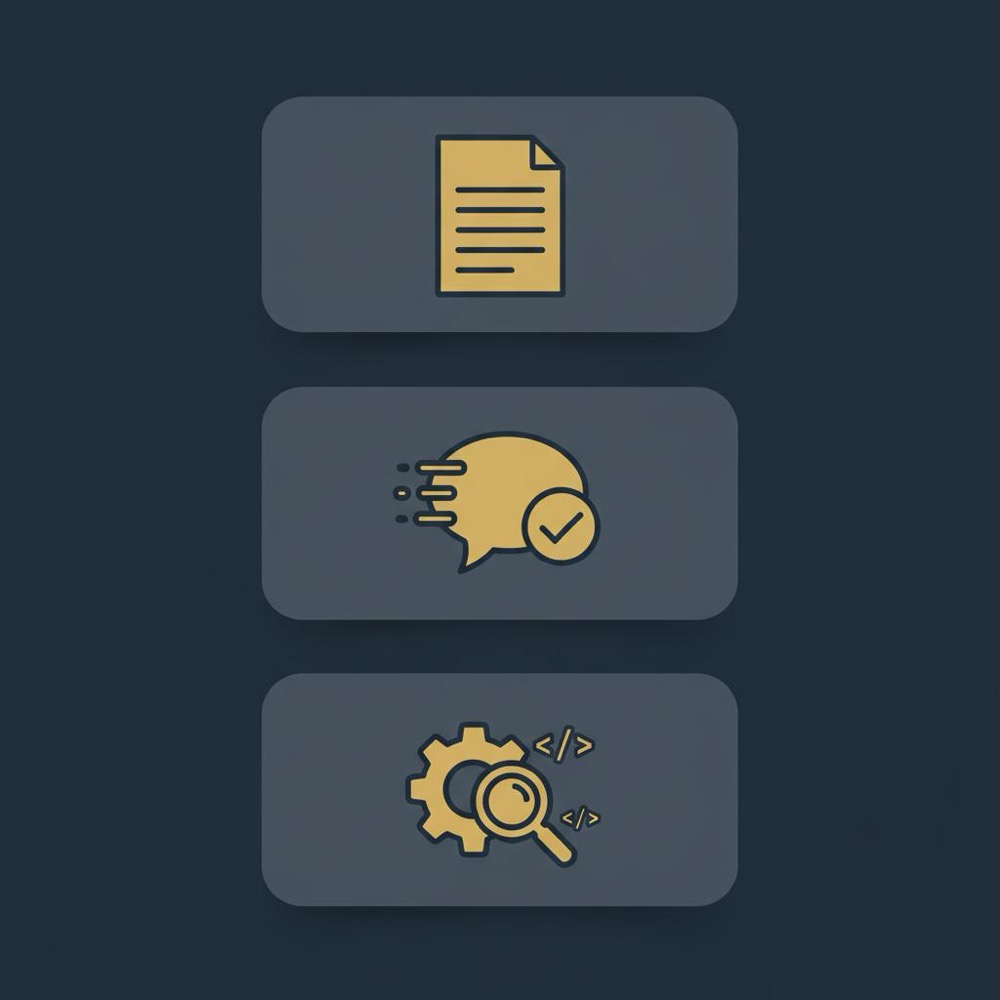 Minimal 2D vector infographic with three stacked panels showing product copy, quick customer reply, and technical SEO checks, optimized for organic search