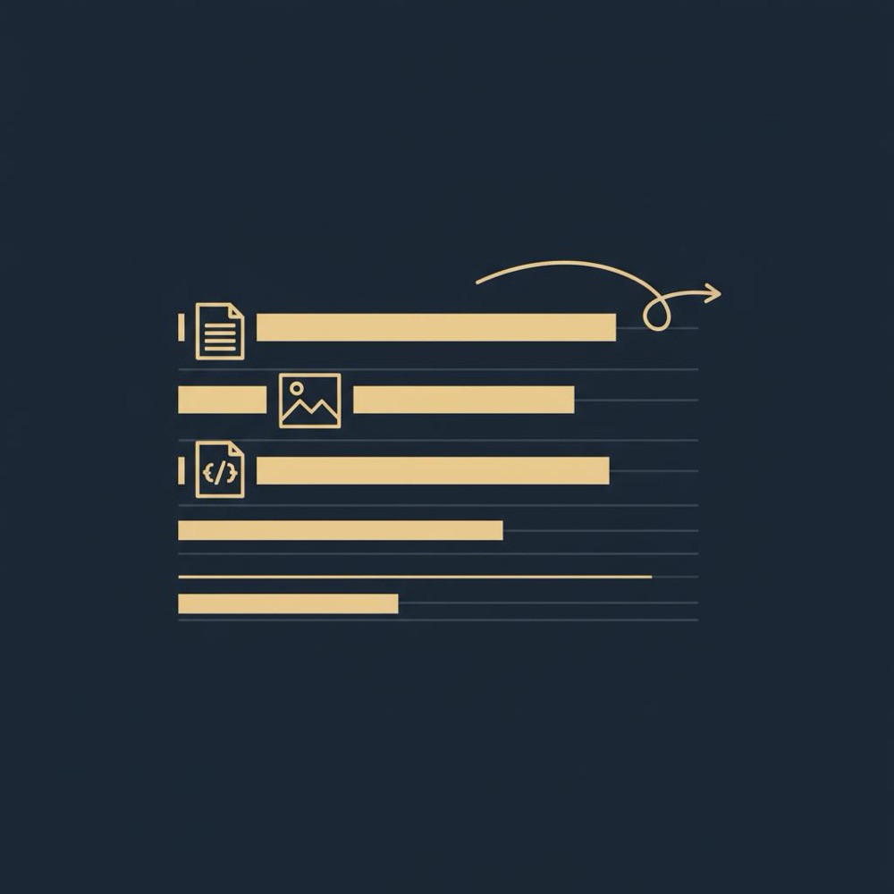 Minimal vector infographic of a simplified performance waterfall highlighting render-blockers (images, fonts, JS) with an arrow indicating speed improvements - how to speed up a landing page?