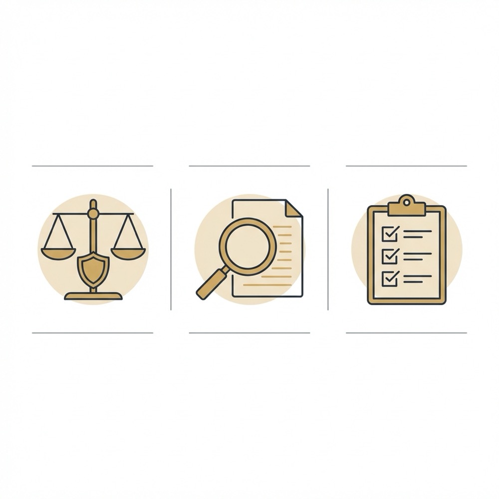 Minimal 2D vector infographic with icons for legal risk search policies and a checklist for seo organic topic in Orvus Ltd brand colors