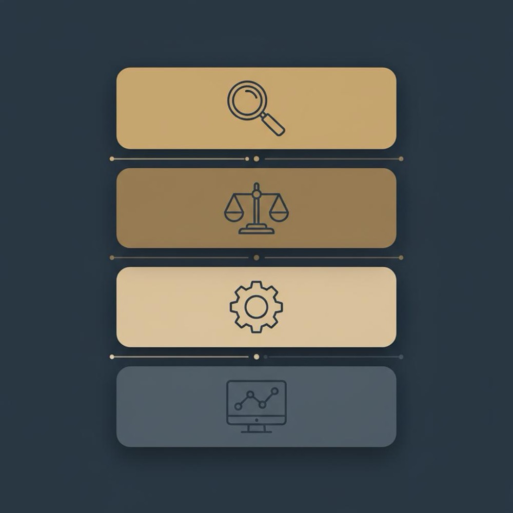 Minimal 2D vector infographic of four layered panels representing Audit, Decide, Implement, Monitor with simple icons in Orvus brand colors on dark background, meta keywords tag
