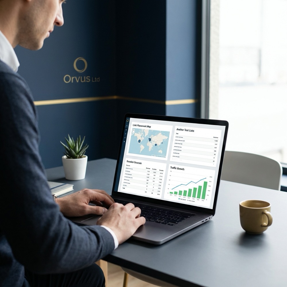 Marketer reviewing link placement and traffic dashboards on a laptop in a minimalist Orvus Ltd workspace with deep navy and gold accents backlink services