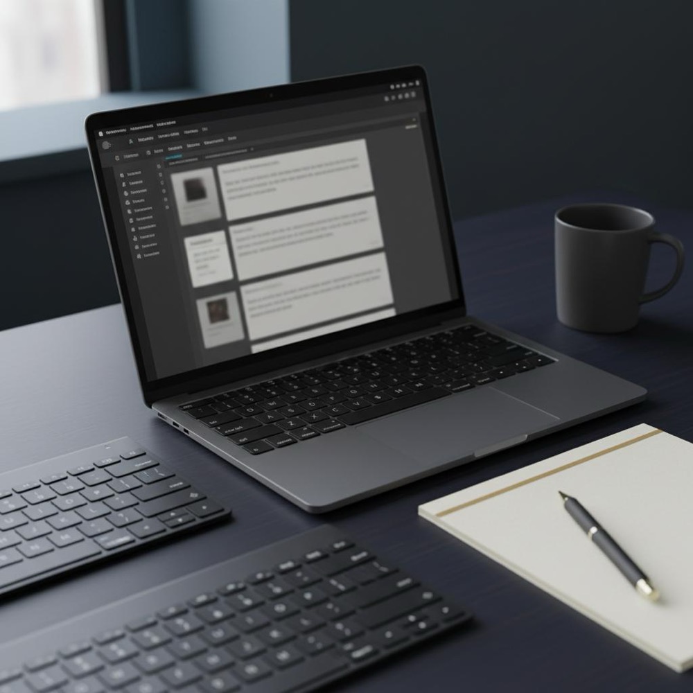 Close-up writer's desk with laptop showing a blurred content editor, Surfer SEO workflow hinted, muted #C8A45D stationery, natural light, shallow depth of field