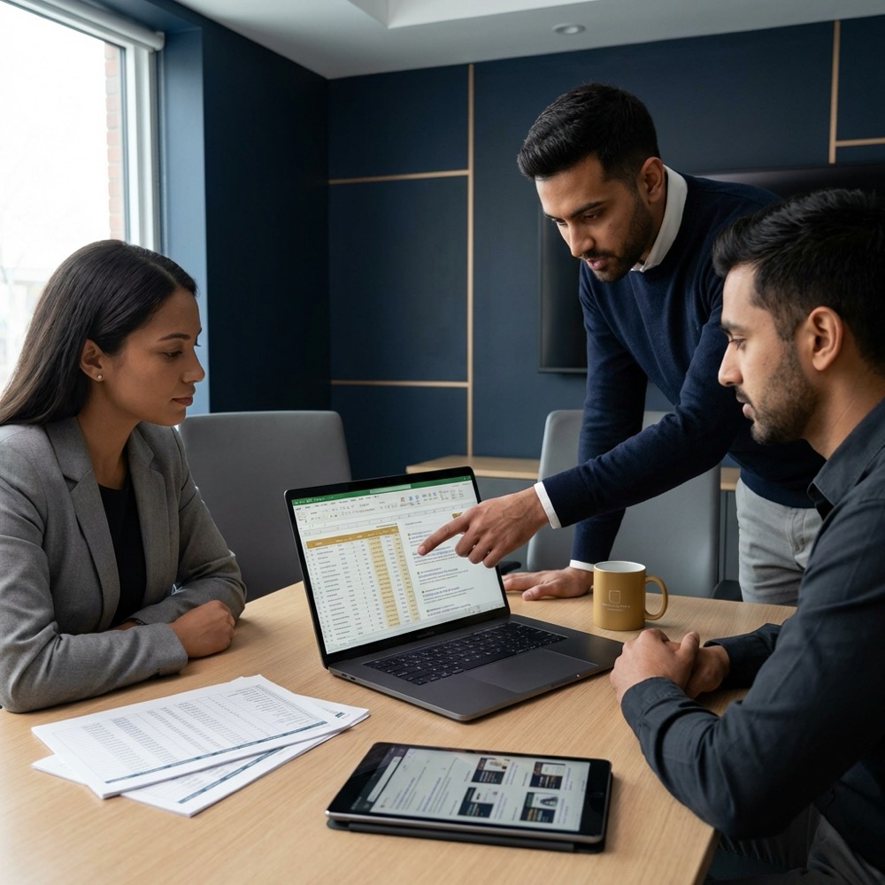 Three colleagues reviewing query exports and SERP screenshots on a laptop in a minimalist Orvus Ltd styled meeting room with navy background and gold accents seo search