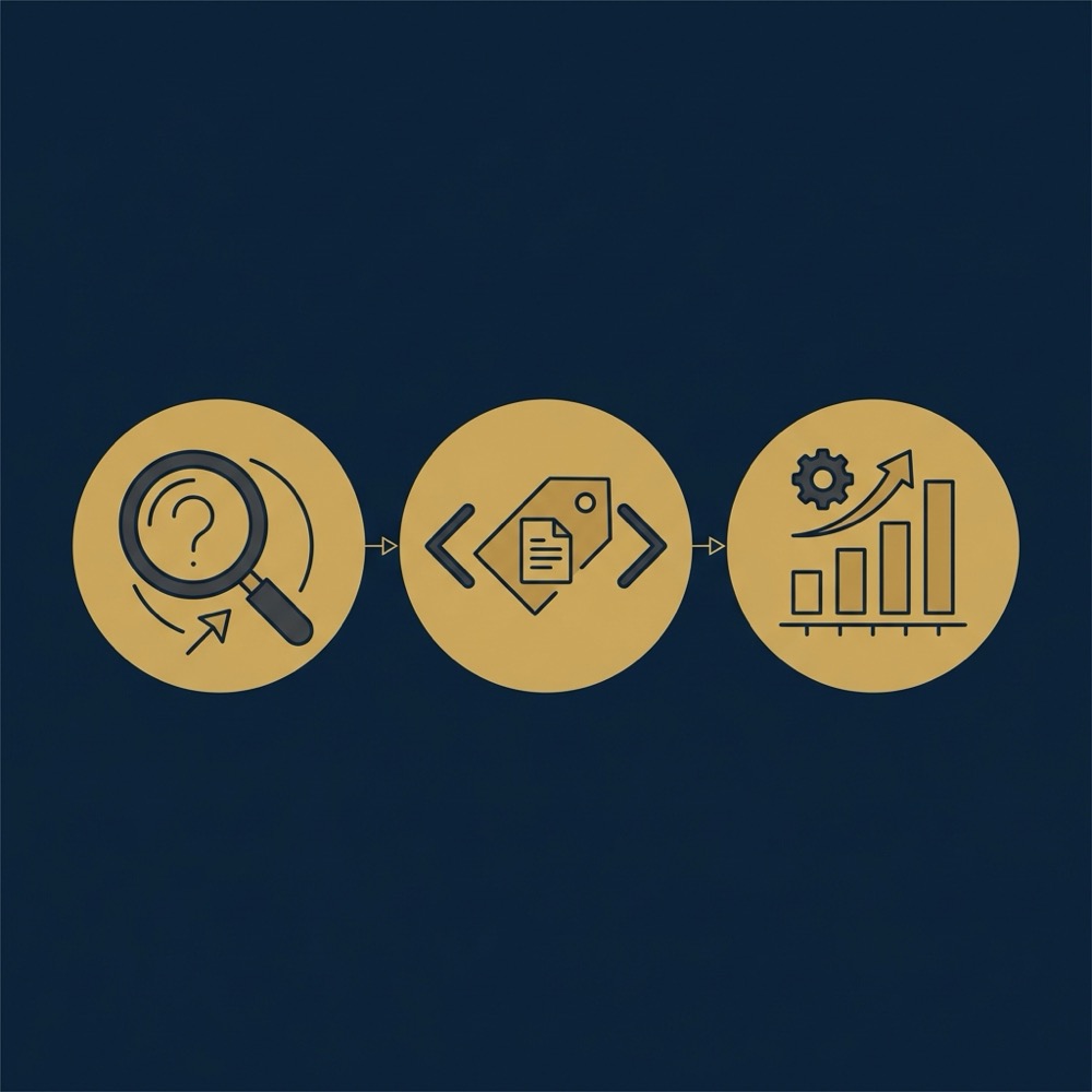 Minimal 2D vector infographic with three icons for search intent meta tags and measurement in Orvus Ltd brand colors seo writing