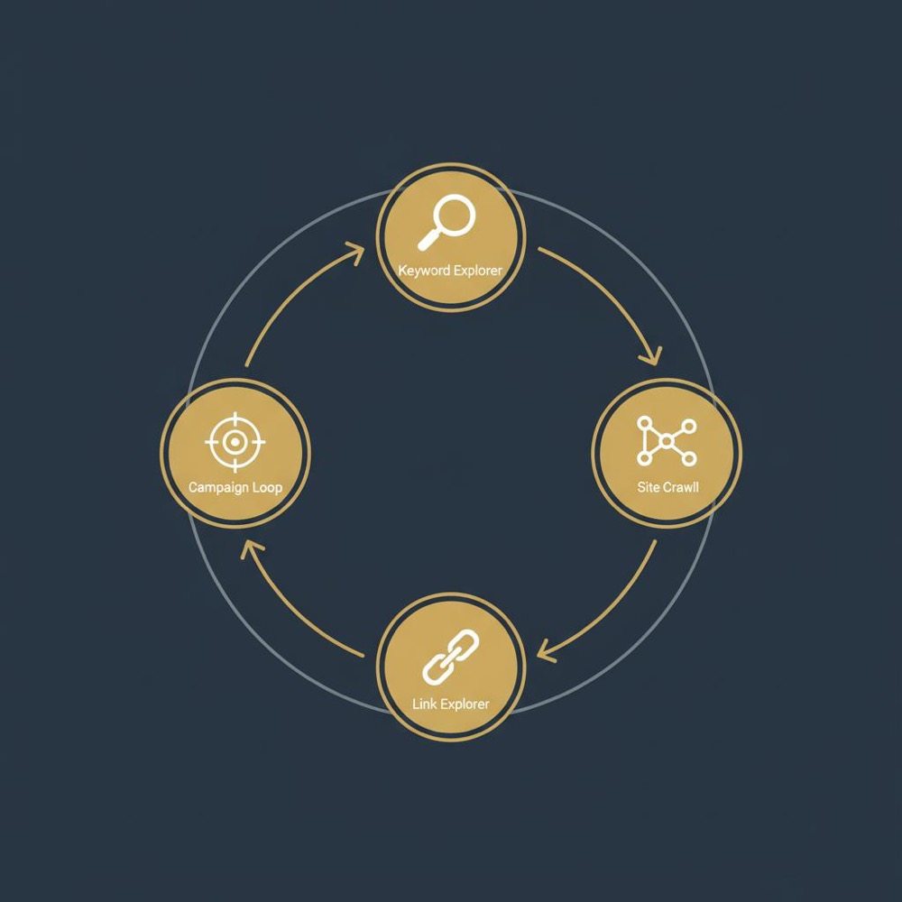 Minimal vector infographic of a circular SEO workflow (Keyword Explorer → Site Crawl → Link Explorer → Campaign loop) showing What is Moz Pro used for?