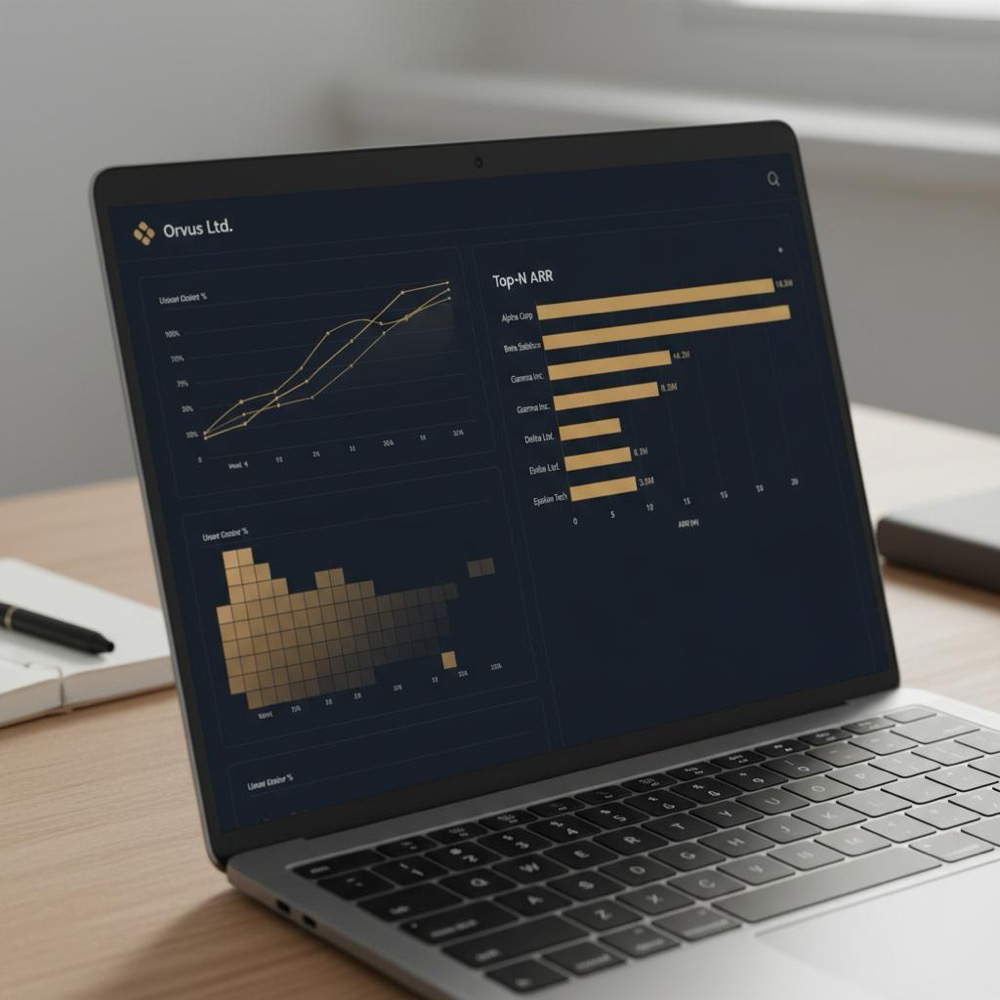 Close-up laptop dashboard showing cohort charts and top-N ARR bars illustrating the 80 20 rule in SaaS, clean Orvus Ltd. UI with #C8A45D highlights on a #0B1E33 background, minimalist desk scene.