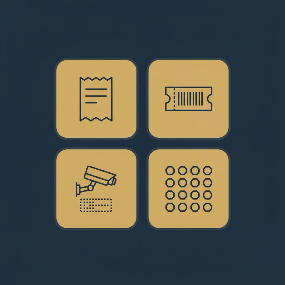 Minimal 2D vector infographic in Orvus colors showing evidence pack icons: receipt, ticket barcode, CCTV camera with timestamp, profile grid - how long to remove a fake Google review