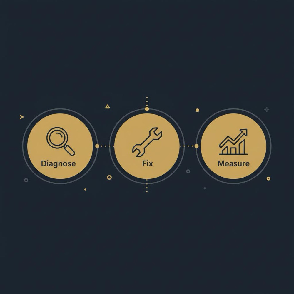 Minimal 2D vector infographic with three icons (magnifying glass, wrench, chart) representing a checklist for SEO ranking on a dark blue background