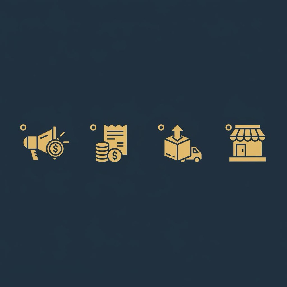 Minimal 2D vector infographic with icons for ad spend, fees, shipping and storefront on dark blue background, illustrating an etsy seller exodus concept
