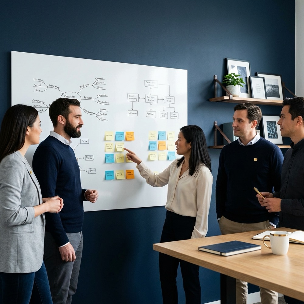 Small team planning at a whiteboard with content maps and sticky notes in a minimalist office styled in Orvus Ltd colors content marketing and seo