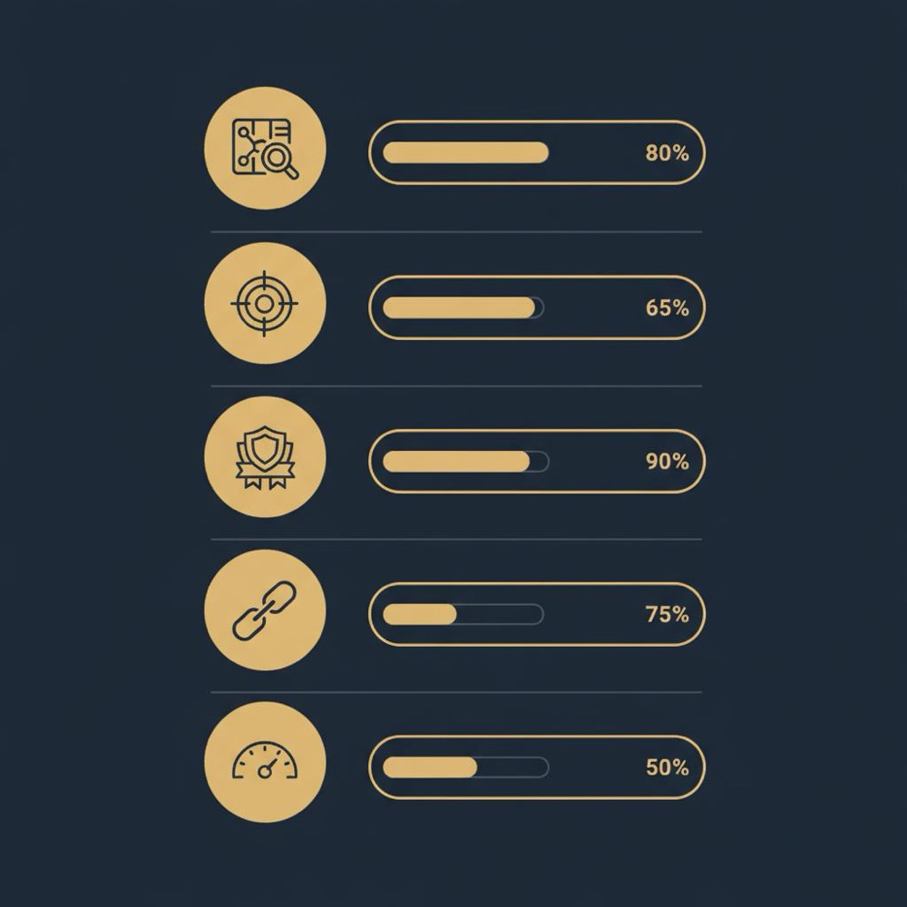 Minimal 2D vector infographic checklist with icons for crawlability, intent, E-E-A-T, backlinks and speed illustrating SEO ranking improvements