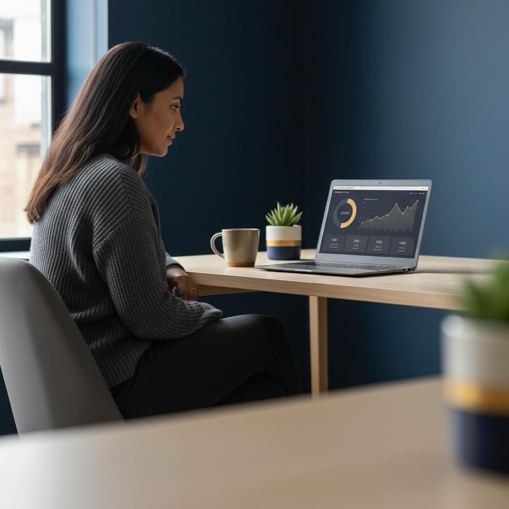 Small business owner reviewing laptop analytics dashboard in a minimalist workspace with Orvus Ltd. brand colors, illustrating SEO vs SEM performance comparison