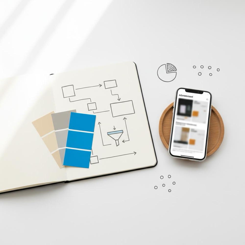 Three paint swatches (one in #1a5bfb) fanned on a notebook with sketched ad planning beside a smartphone showing a blurred ad layout on a white workspace - Facebook ads for painters