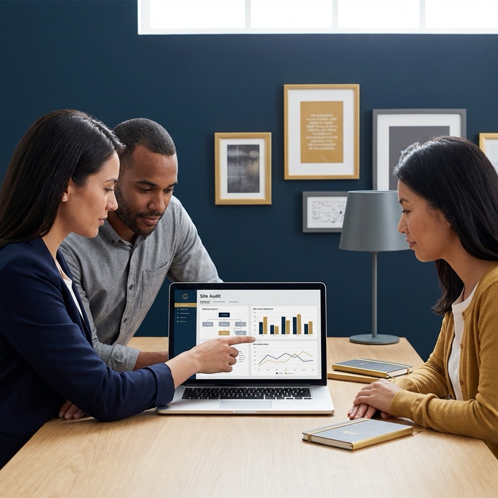 Small team reviewing a site audit on a laptop showing charts and a sitemap diagram in a minimalist navy and gold branded workspace cms seo