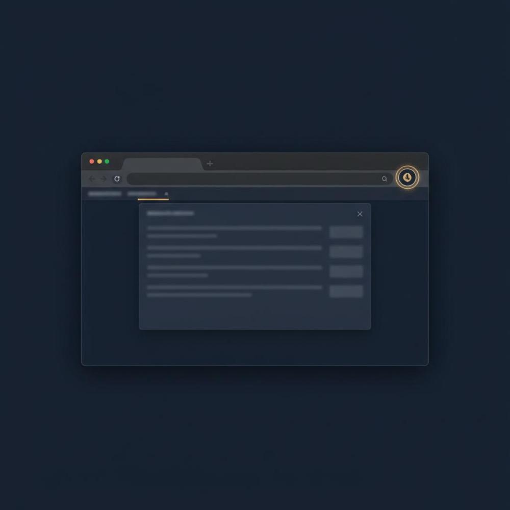 Minimal screenshot-style browser window with a highlighted toolbar icon and a blurred SERP overlay illustrating seoquake extension, deep navy background and gold accents
