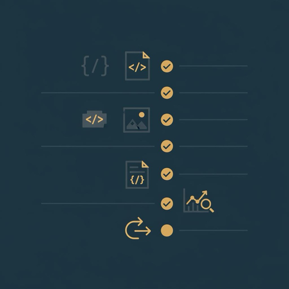 Minimal 2D vector infographic checklist for Squarespace SEO showing six icon-only items for titles, meta, images, JSON-LD, redirects and monitoring on a dark blue background.