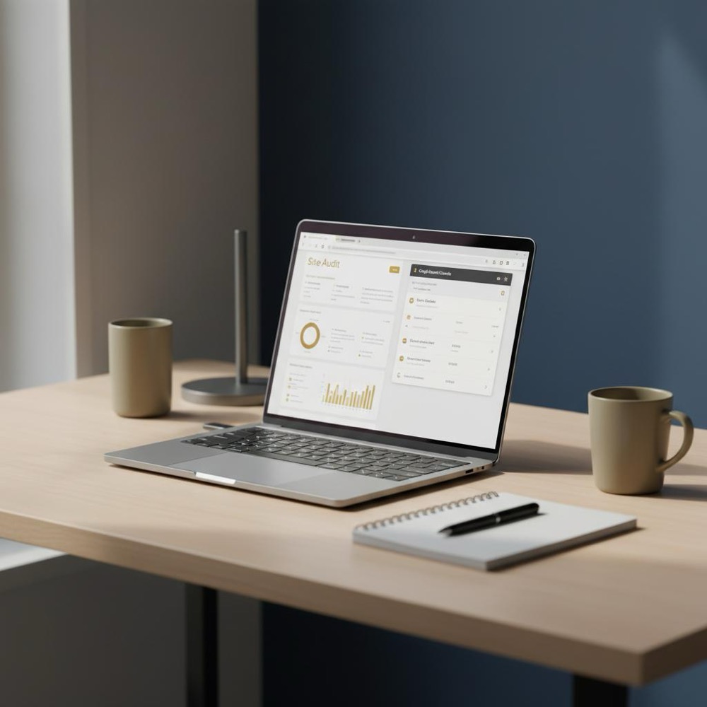 Tidy minimalist workspace with laptop displaying a site audit report and Google Search Console open, subtle Orvus brand color accents - SEO for beginners.