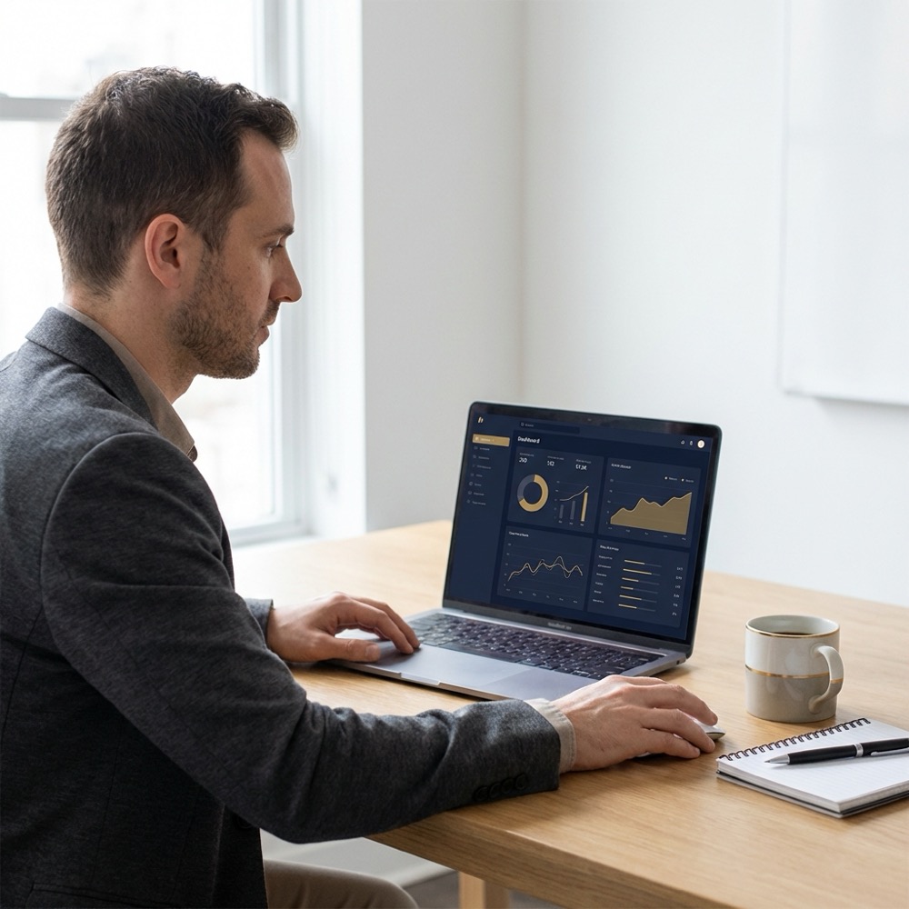 seo consultant reviewing laptop analytics in a modern minimalist office with notepad and coffee, deep navy background and warm gold brand accents