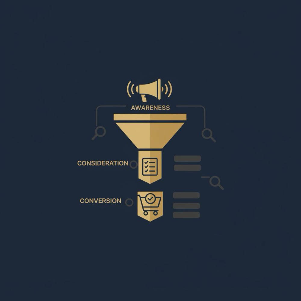 Minimal 2D vector infographic funnel with three stages awareness consideration conversion each stage paired with searchable content icons representing online marketing seo