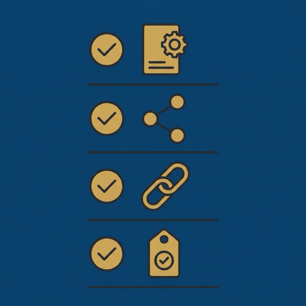 Minimal 2D vector checklist infographic with icons for robots txt sitemap internal links and canonical tag on dark blue background for crawling seo