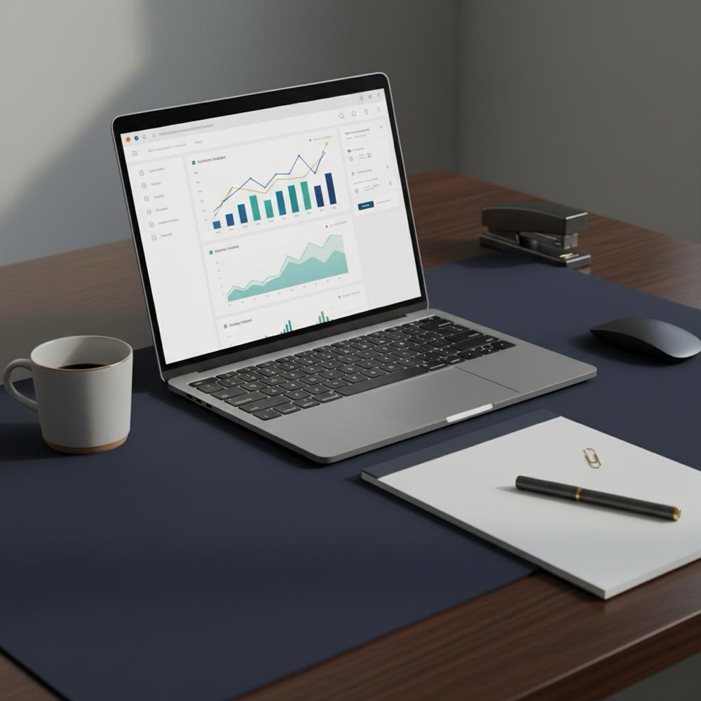 Minimalist remote desk with laptop showing analytics growth charts, clean notepad and coffee in Orvus Ltd. colors #0B1E33 and gold accents - how much do SEO experts make