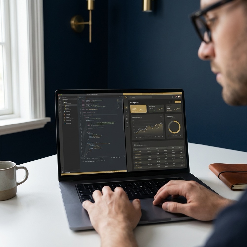 Person reviewing a CSV export of backlink analysis on a laptop showing a code editor and analytics dashboard with charts in Orvus Ltd brand colors