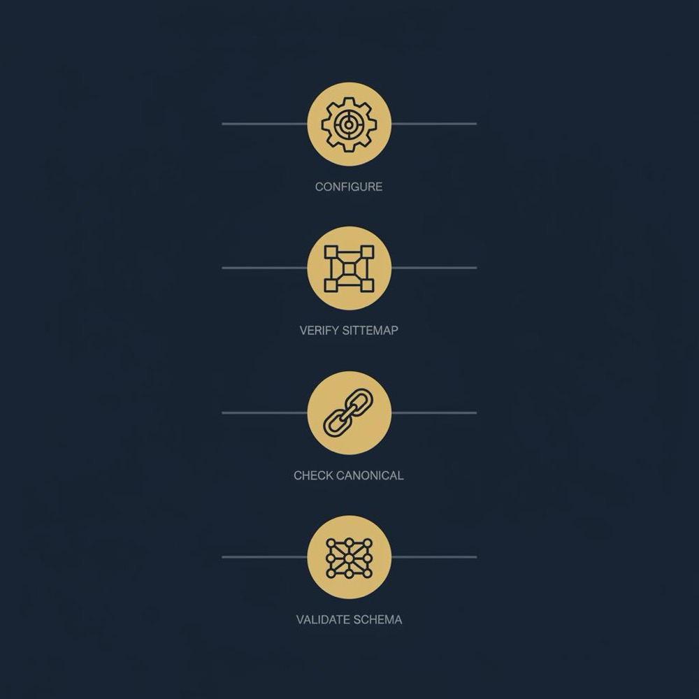 yoastseo checklist infographic showing a minimalist 2D vector workflow with icons for configure verify sitemap check canonical and validate schema on deep navy background