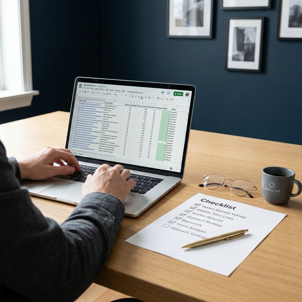 Analyst reviewing a backlink export on a laptop beside a printed checklist on a minimalist navy desk in Orvus Ltd brand colors ahrefs com
