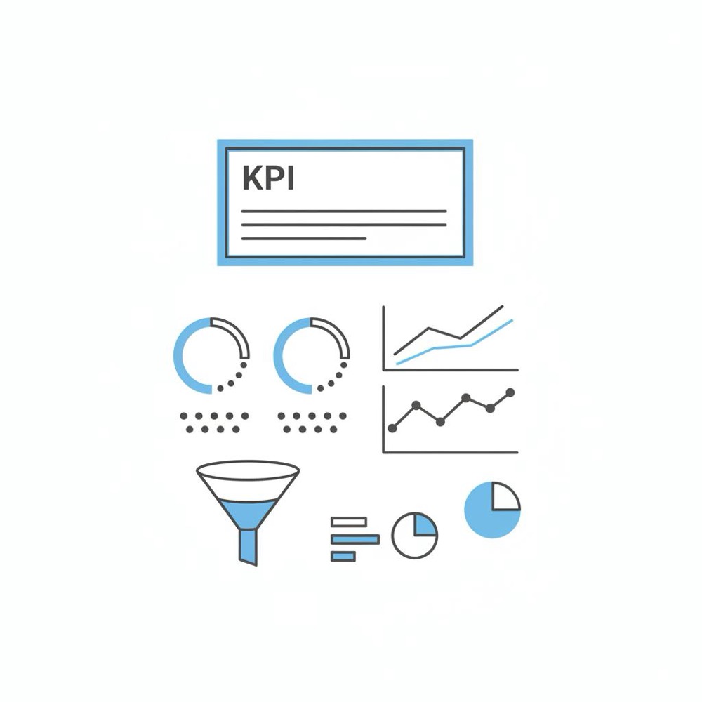 Minimalist 2D vector visibility dashboard illustration for top 1 agency: highlighted KPI card in blue (#1a5bfb), line graphs and counters in dark gray (#39383f) on white background, no text or people.