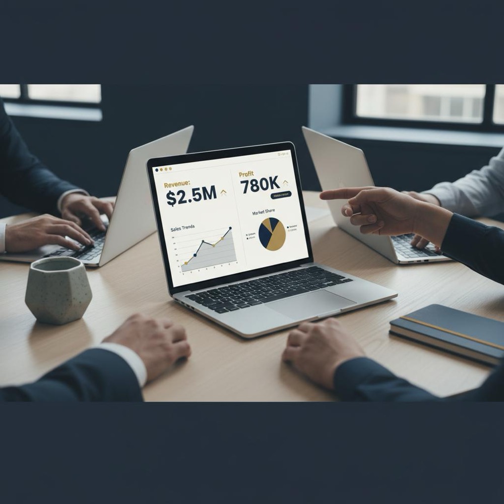 Hands and laptops of a small team collaborating over dashboards on a laptop, showcasing AI tools for small businesses with Orvus brand colors #0B1E33 and #C8A45D.