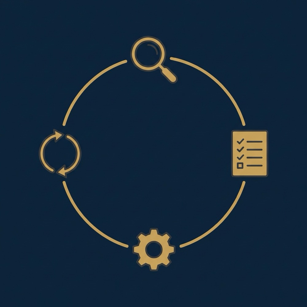 Minimal 2D vector infographic of seo optimization workflow loop with four icons assess plan execute iterate on deep navy background in Orvus Ltd brand colors