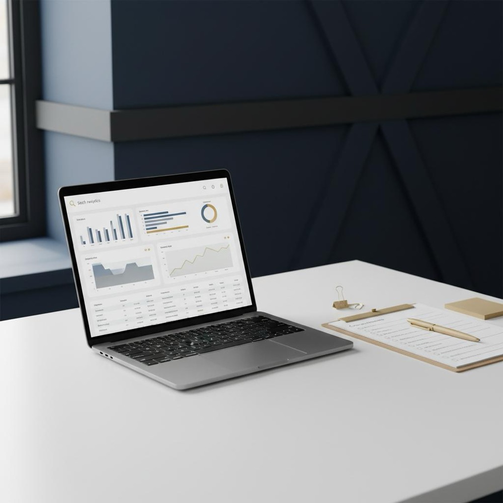 Modern minimal workstation with laptop displaying search analytics dashboards and a printed checklist beside it, subtle C8A45D accents in props, natural light - best seo platform