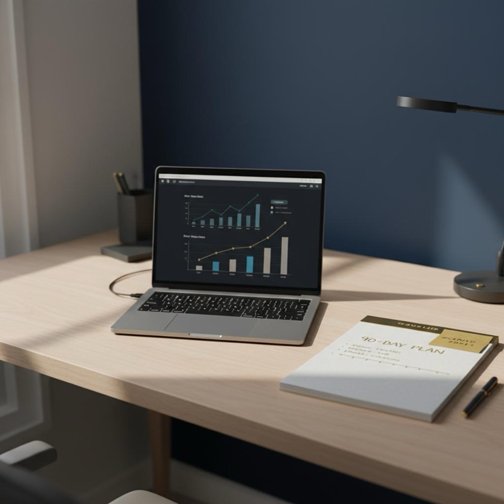 Tidy home office desk with laptop showing analytics charts and a notepad with a sketched 90-day plan, gold sticky note and navy background - seo pricing