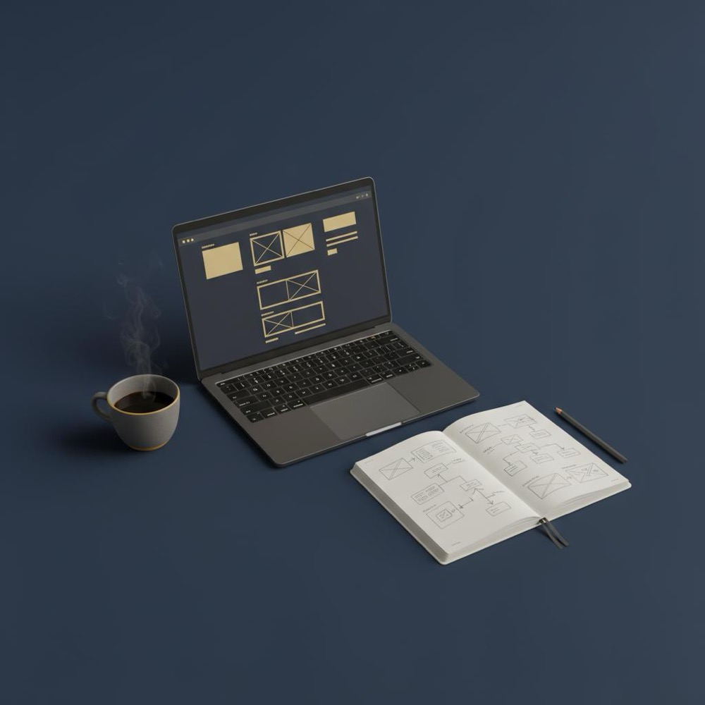 Minimalist desk with laptop showing responsive website mockup, notebook wireframes and coffee cup on dark blue background - SEO in website design.