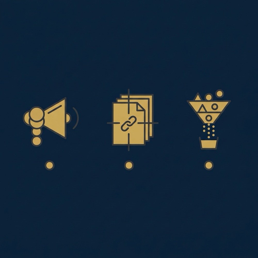 Minimal 2D vector infographic with three icons megaphone linked documents and measurement funnel representing PR citations and analytics for seo on page and off page in Orvus Ltd brand colors