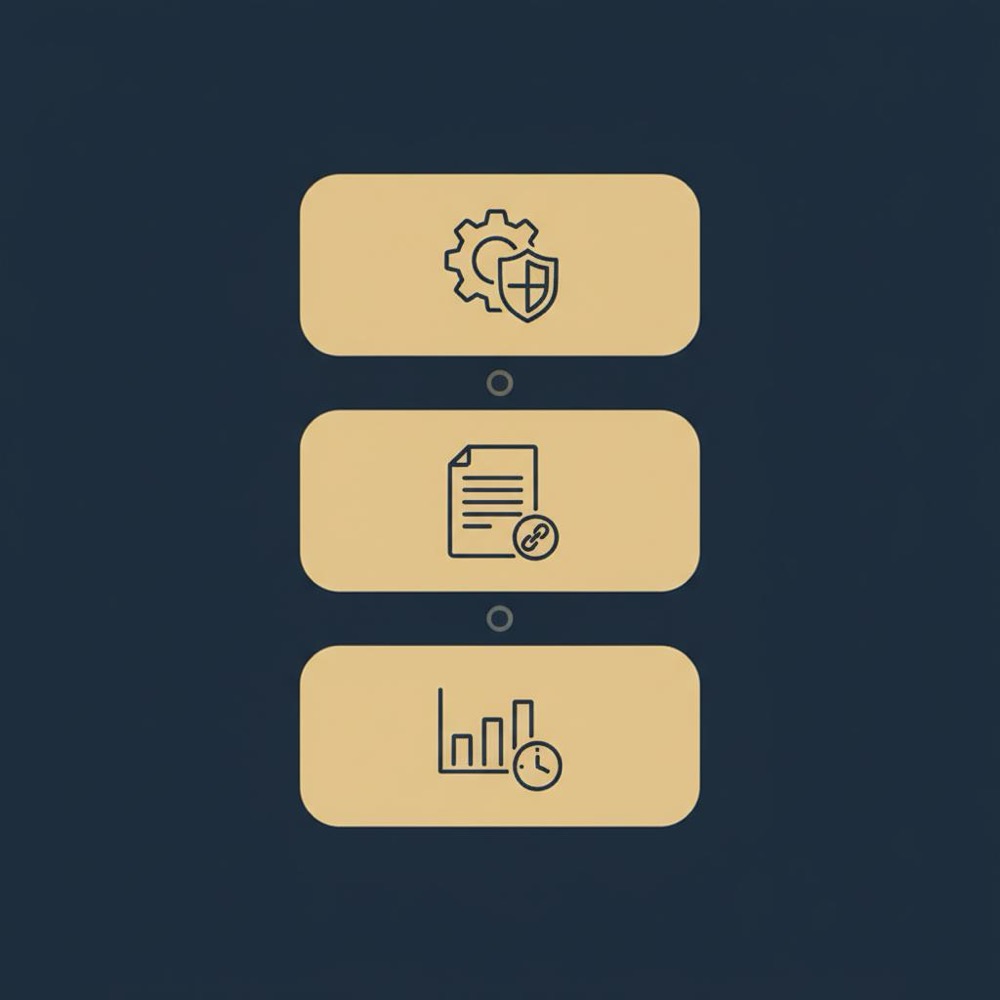 Minimal 2D vector infographic card with three stacked blocks and icons for technical baseline, content &amp; links, and measure &amp; decide on a #0B1E33 background in Orvus Ltd colors, free WordPress SEO