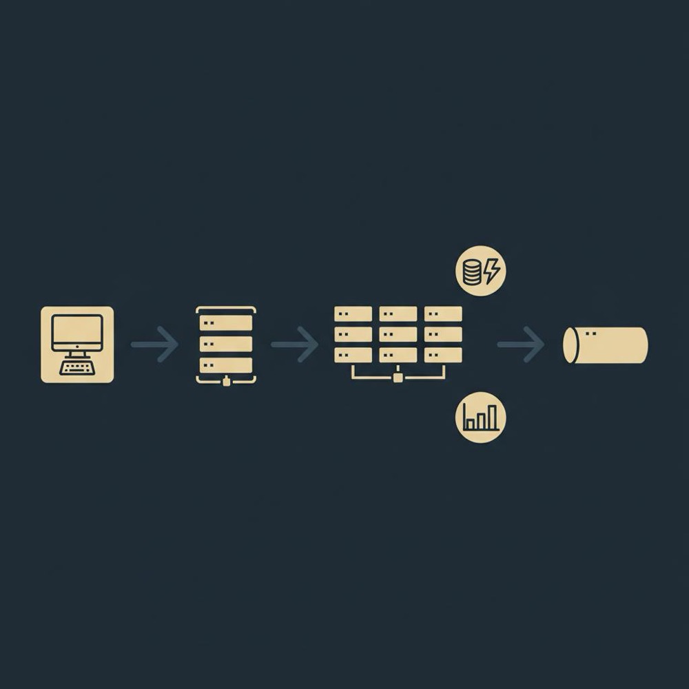 Flat 2D vector infographic of async job queue flow from client to queue to worker nodes to storage, with cache and analytics icons in dark blue and gold palette for DataForSEO