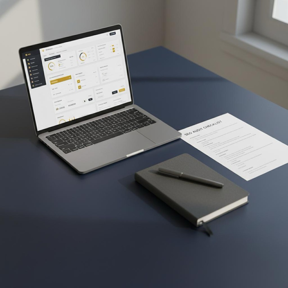 Minimalist desk with laptop showing a GA4-like analytics dashboard, printed SEO audit checklist and notebook under natural light, UI accents in Orvus brand colors - freelance SEO tasks